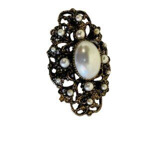 Vintage Brooch Stunning Oval‎ Center Pearl and Intricate Metal Design 2 1/3"
